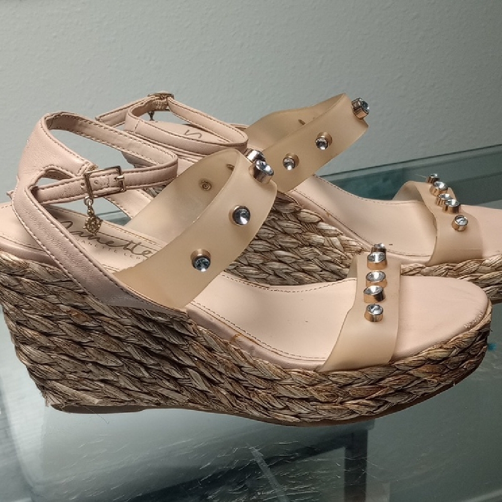 Nanette Lepore Cream Wedge Sandals with Ankle Strap